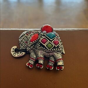 Embellished Elephant Brooch with Red, Turquoise, Pink & Green Accents